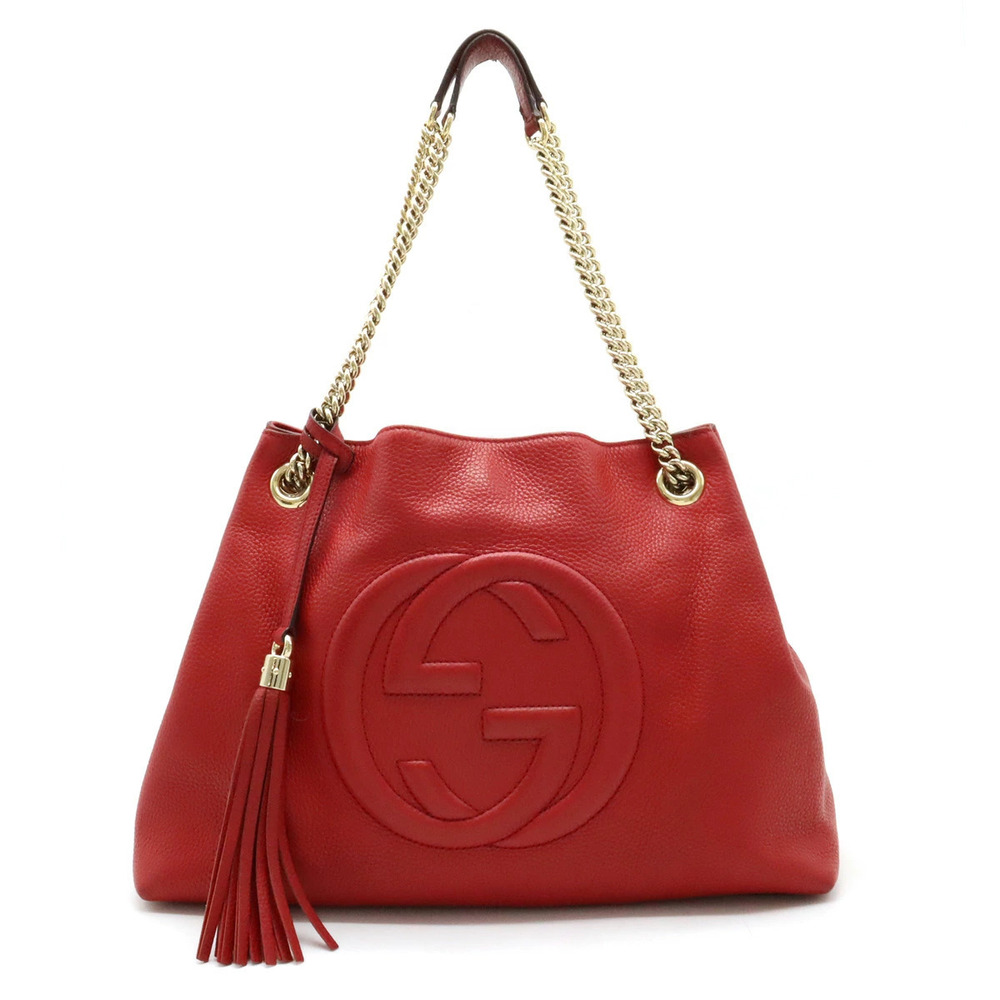 Gucci Soho Interlocking G Fringe Tote Bag Chain Shoulder Leather Red